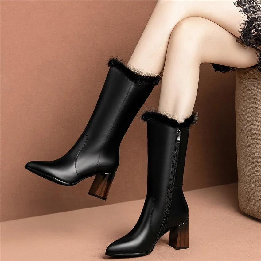 Women Black Cow Leather Pointed Toe Mid Calf Snow Boots