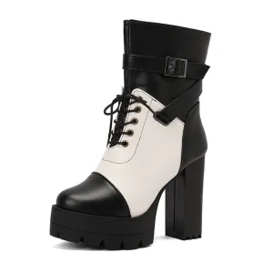 Women's Patchwork Buckle Strap Round Toe Block Heel Platform Ankle Boots