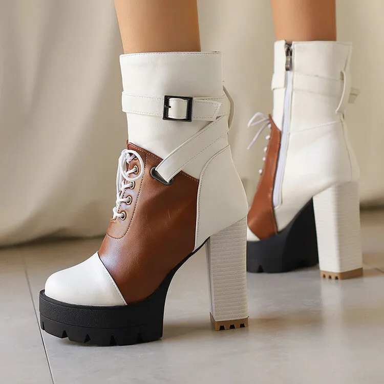 Women's Patchwork Buckle Strap Round Toe Block Heel Platform Ankle Boots