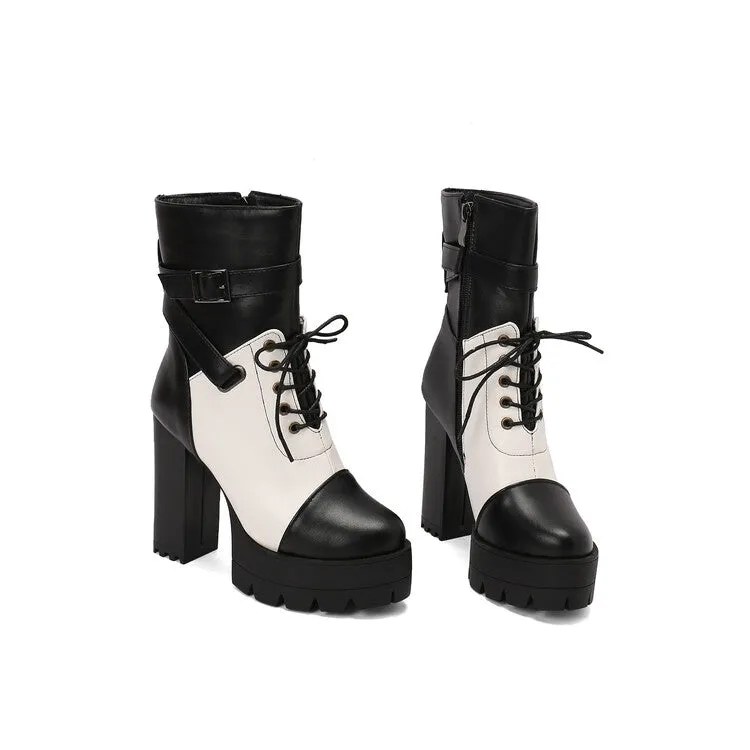 Women's Patchwork Buckle Strap Round Toe Block Heel Platform Ankle Boots