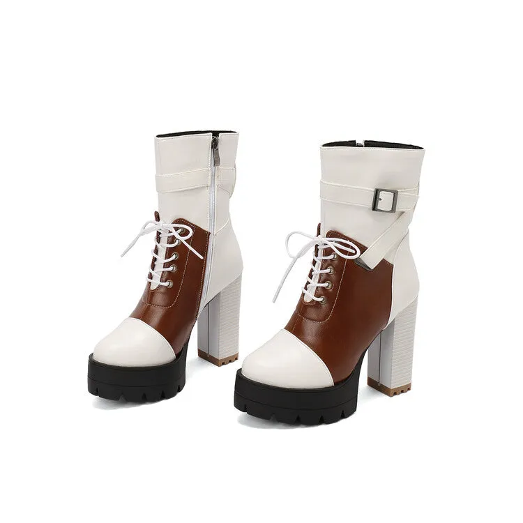 Women's Patchwork Buckle Strap Round Toe Block Heel Platform Ankle Boots