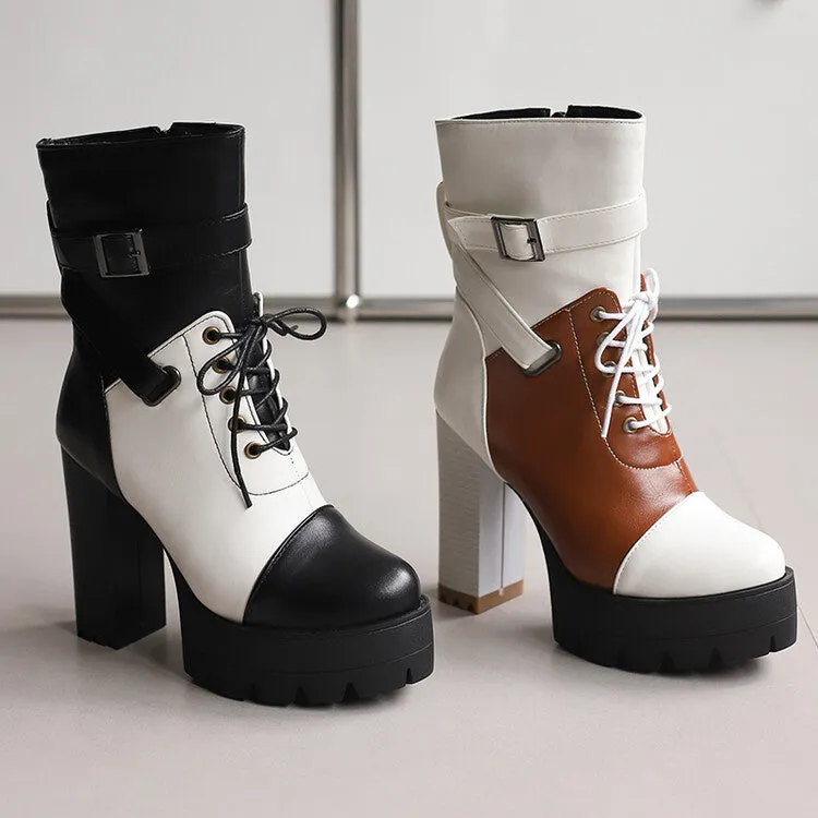 Women's Patchwork Buckle Strap Round Toe Block Heel Platform Ankle Boots