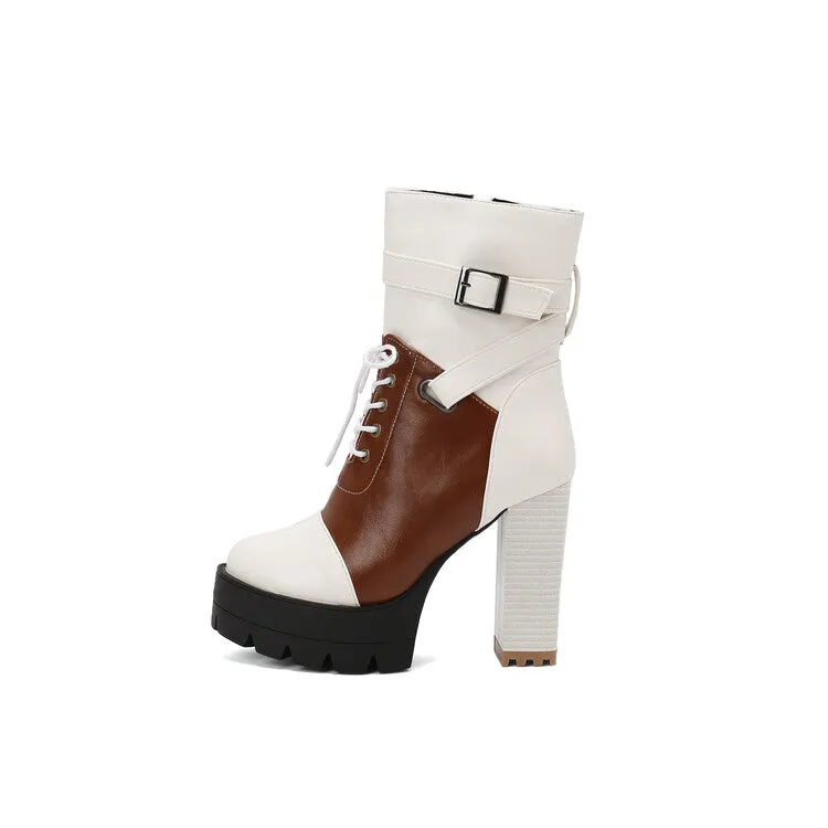 Women's Patchwork Buckle Strap Round Toe Block Heel Platform Ankle Boots