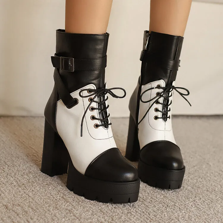 Women's Patchwork Buckle Strap Round Toe Block Heel Platform Ankle Boots