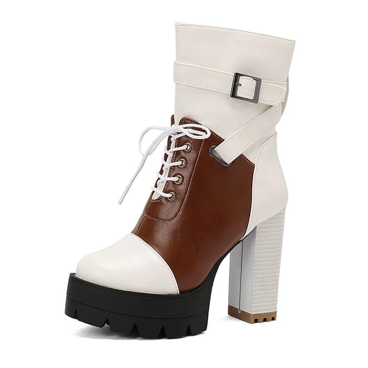 Women's Patchwork Buckle Strap Round Toe Block Heel Platform Ankle Boots