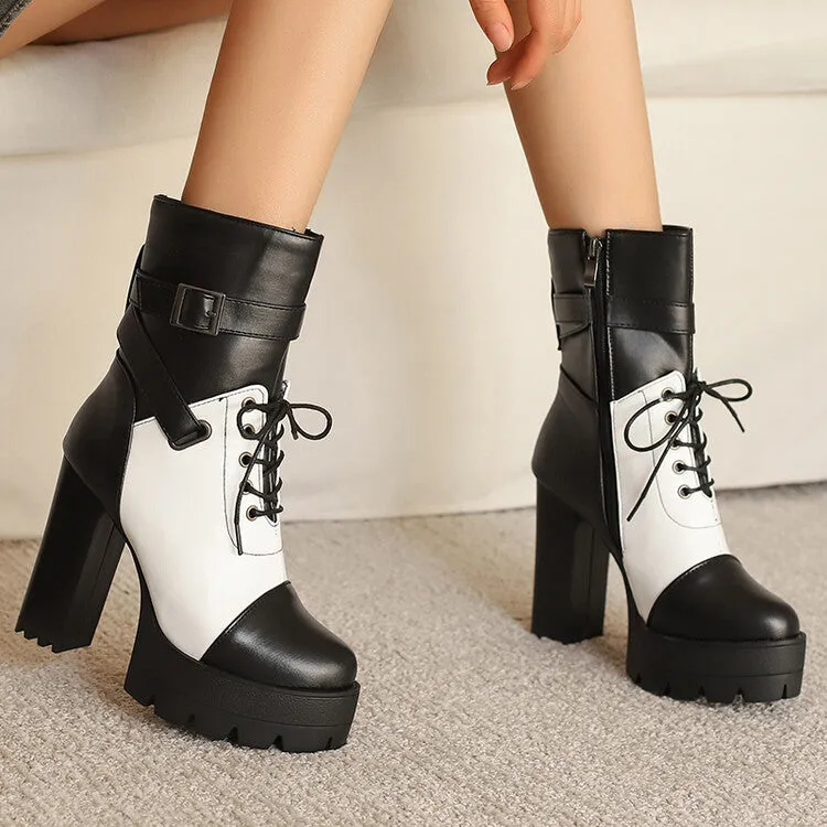 Women's Patchwork Buckle Strap Round Toe Block Heel Platform Ankle Boots