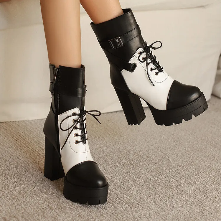 Women's Patchwork Buckle Strap Round Toe Block Heel Platform Ankle Boots