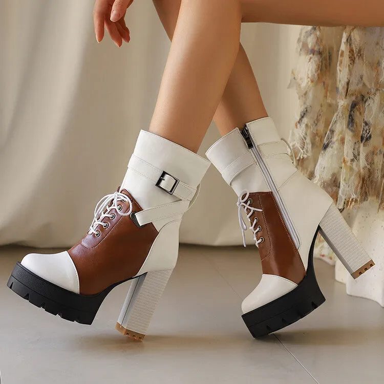 Women's Patchwork Buckle Strap Round Toe Block Heel Platform Ankle Boots
