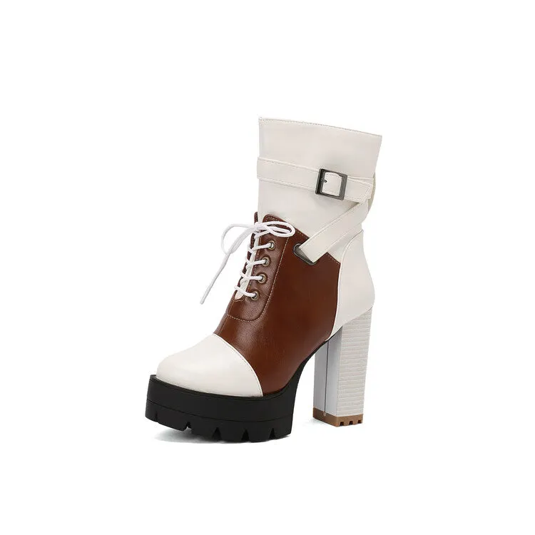 Women's Patchwork Buckle Strap Round Toe Block Heel Platform Ankle Boots