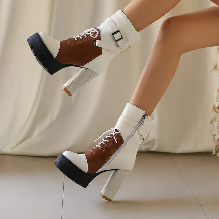 Women's Patchwork Buckle Strap Round Toe Block Heel Platform Ankle Boots