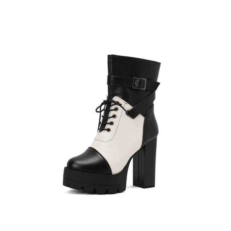Women's Patchwork Buckle Strap Round Toe Block Heel Platform Ankle Boots