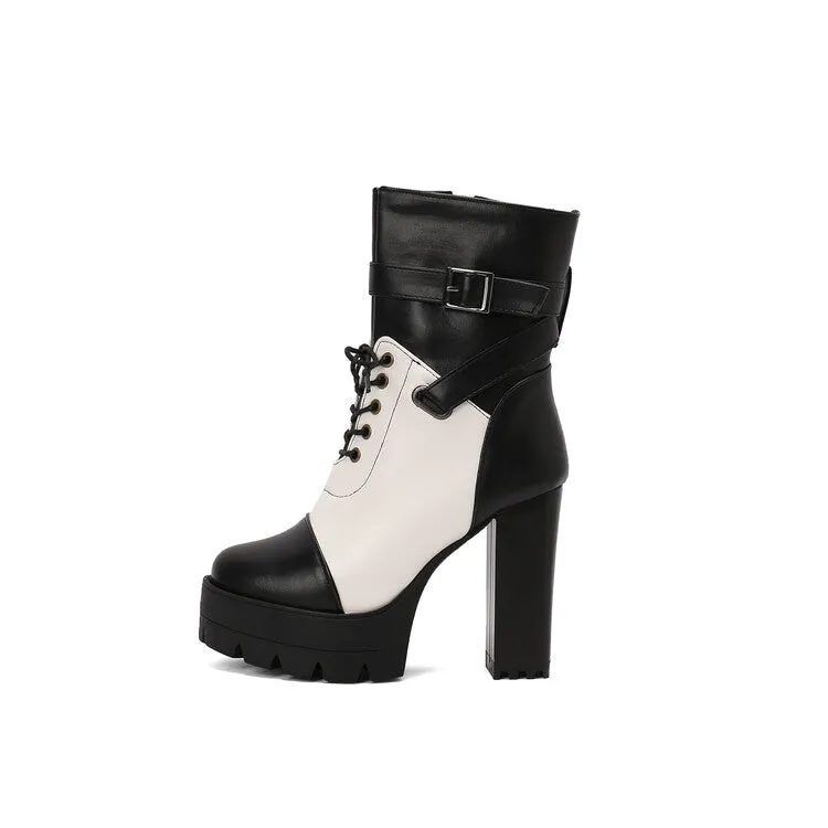 Women's Patchwork Buckle Strap Round Toe Block Heel Platform Ankle Boots