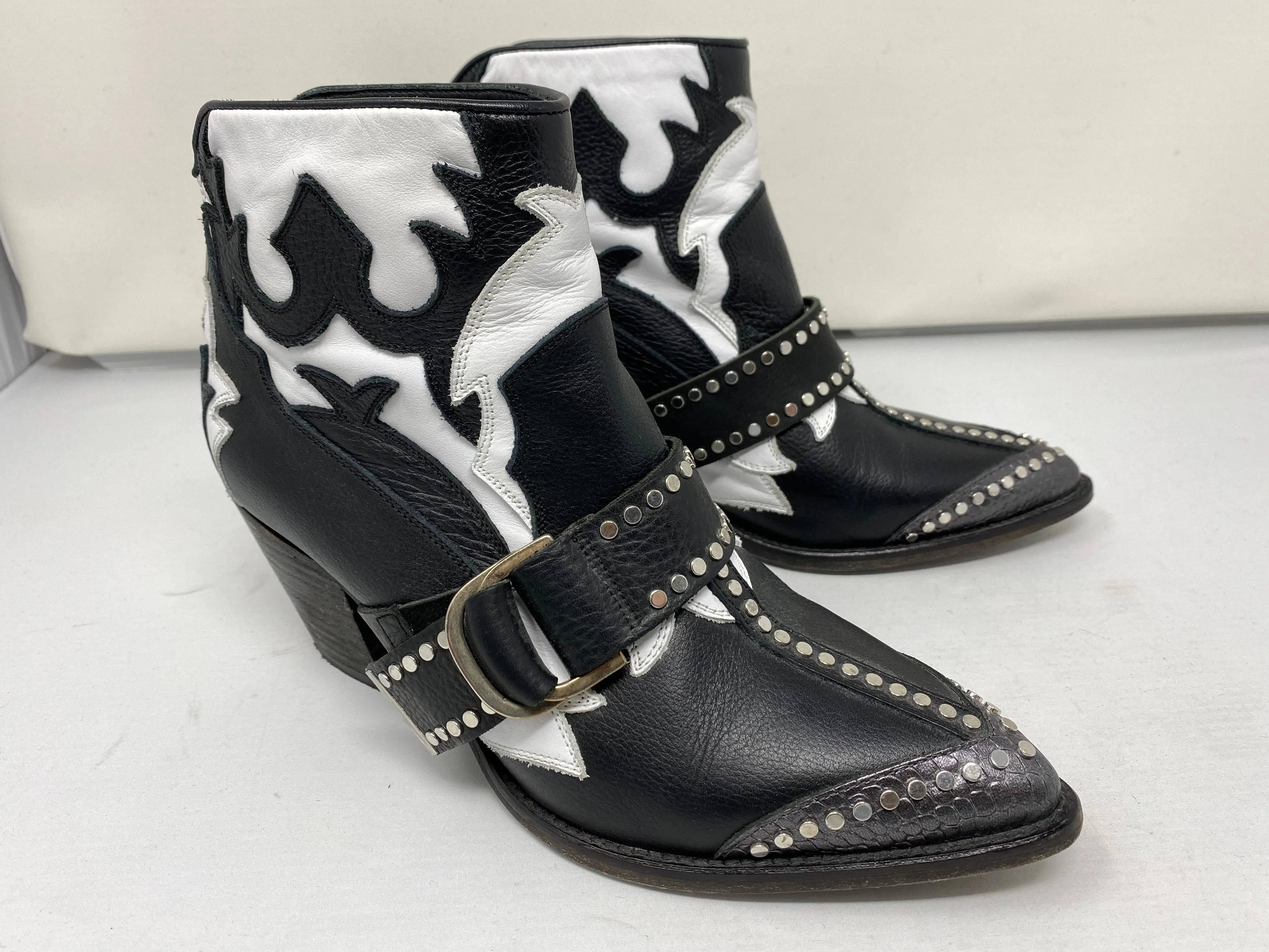 Zadig & Voltaire Black and White Leather Studded BackZip Cowboy Boot