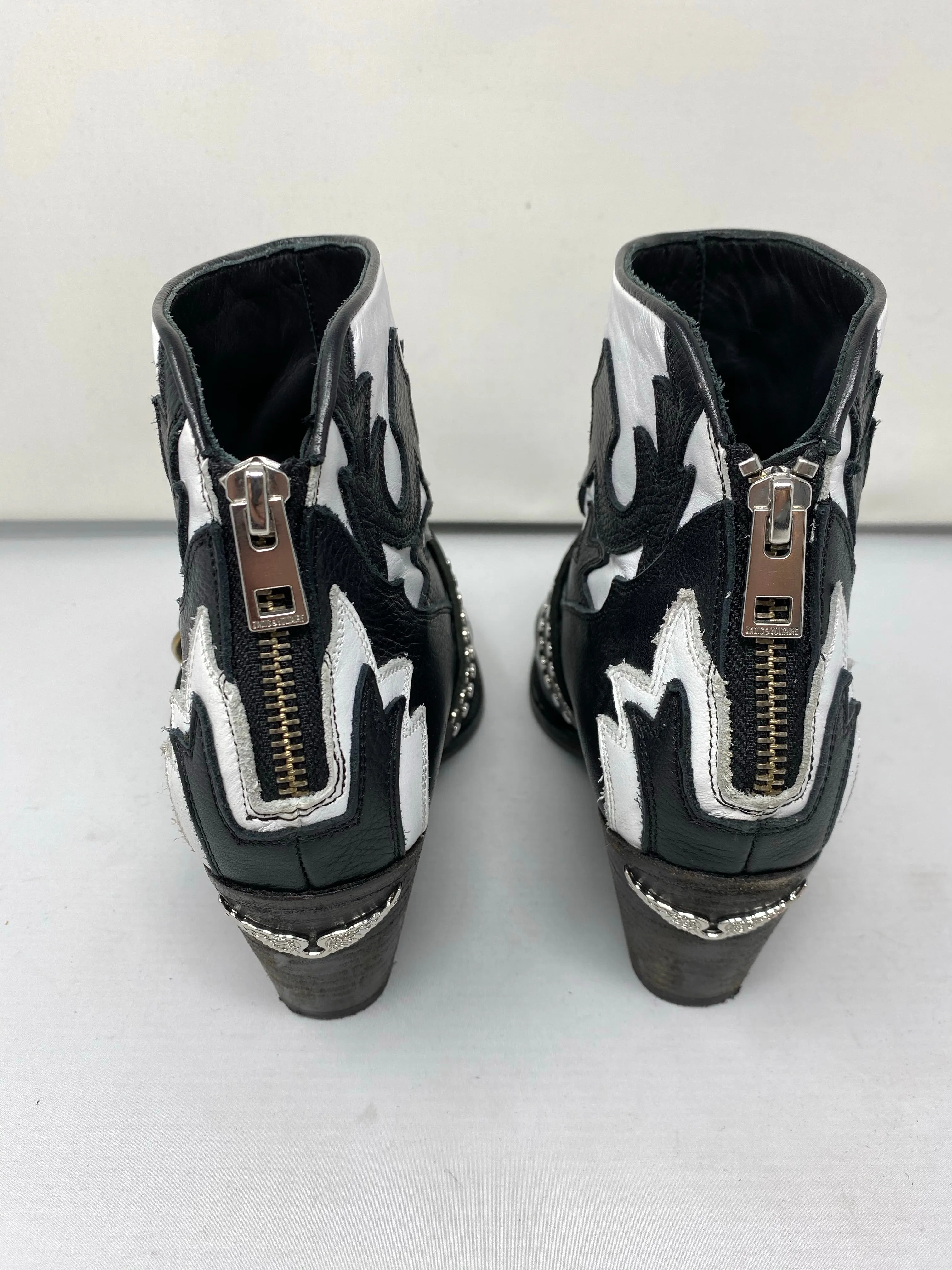 Zadig & Voltaire Black and White Leather Studded BackZip Cowboy Boot