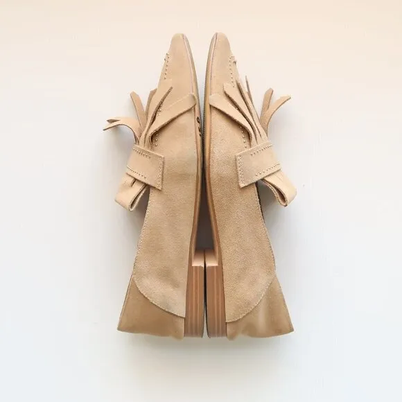 Zara Beige Studded Suede Leather Pointy Toe Fringe Loafers, Flats, Slip On Shoes