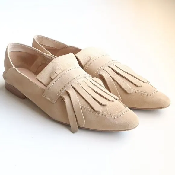 Zara Beige Studded Suede Leather Pointy Toe Fringe Loafers, Flats, Slip On Shoes