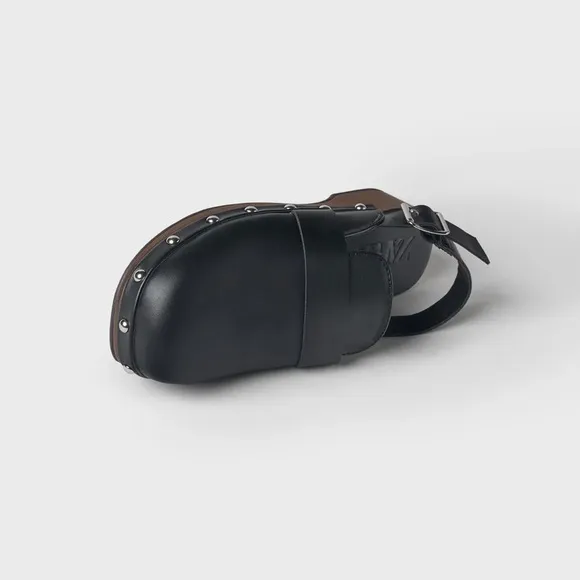 ZARA STUDDED BUCKLED LEATHER CLOGS