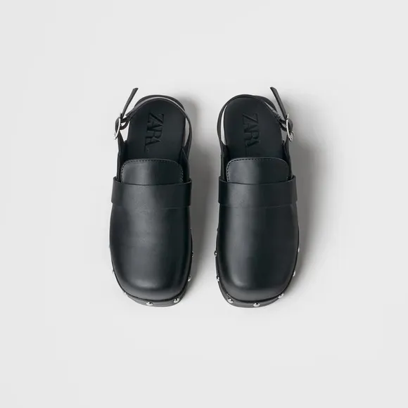 ZARA STUDDED BUCKLED LEATHER CLOGS
