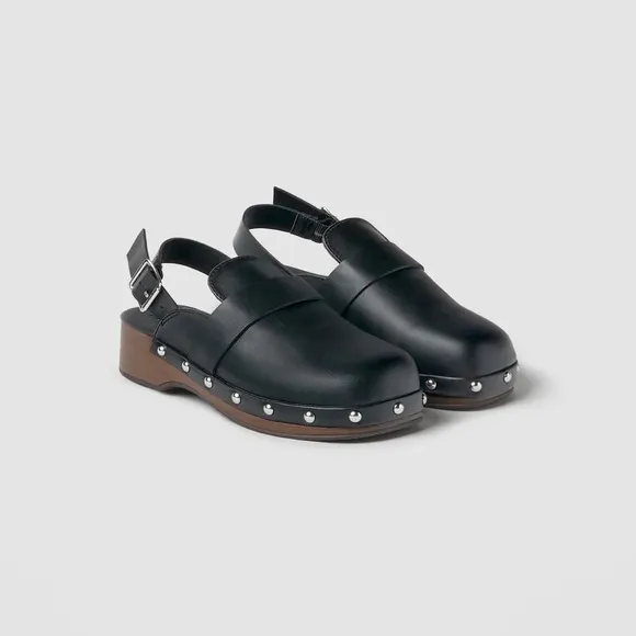 ZARA STUDDED BUCKLED LEATHER CLOGS