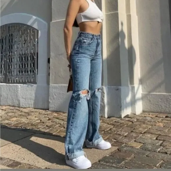 Zara Super High Rise Rigid Straight Leg Denim Jeans Women’s Size