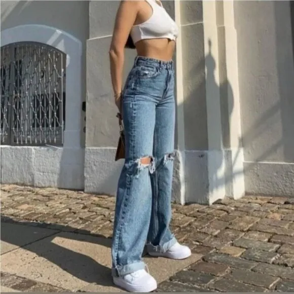 Zara Super High Rise Rigid Straight Leg Denim Jeans Women’s Size